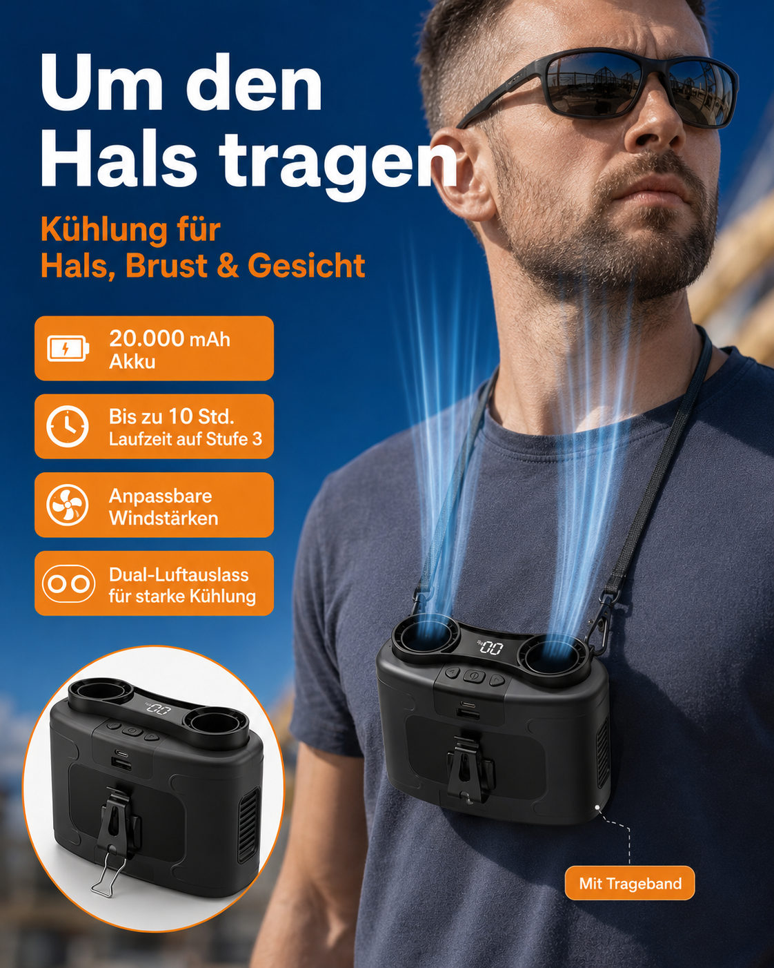 ClipCool - Tragbarer Taillenventilator mit Akku – Starker Mehrstufen-Wind
