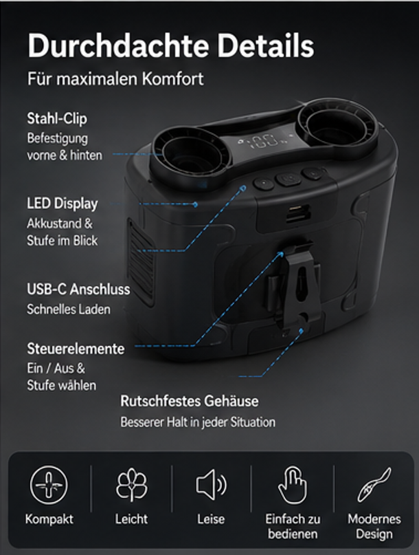 ClipCool - Tragbarer Taillenventilator mit Akku – Starker Mehrstufen-Wind