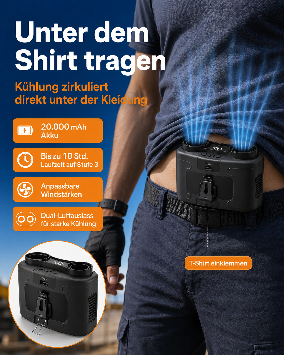 ClipCool - Tragbarer Taillenventilator mit Akku – Starker Mehrstufen-Wind