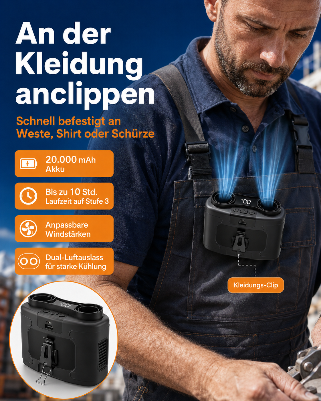 ClipCool - Tragbarer Taillenventilator mit Akku – Starker Mehrstufen-Wind